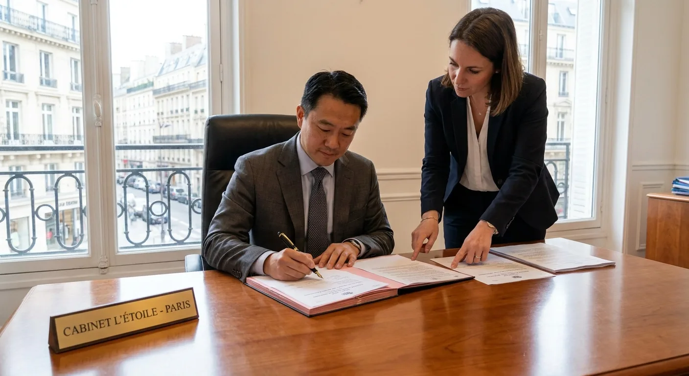 Entrepreneur étranger signant des documents officiels d'enregistrement français à un bureau professionnel